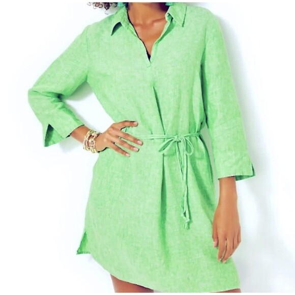 Lilly Pulitzer Dress Women’s Large Gecko Green Pilar Linen Tunic W/ Belt Resort - Picture 2 of 9